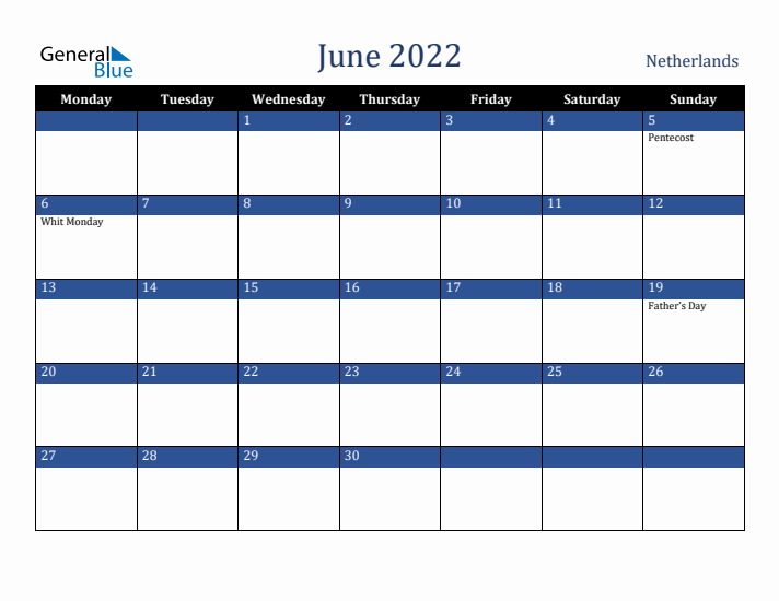 June 2022 The Netherlands Calendar (Monday Start)