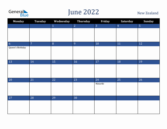 June 2022 New Zealand Calendar (Monday Start)