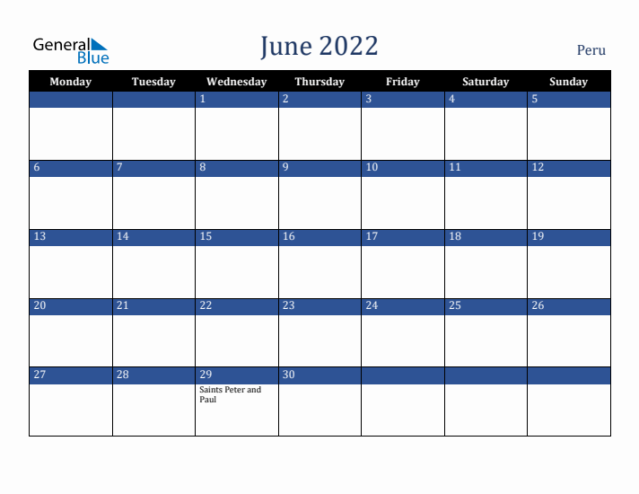 June 2022 Peru Calendar (Monday Start)