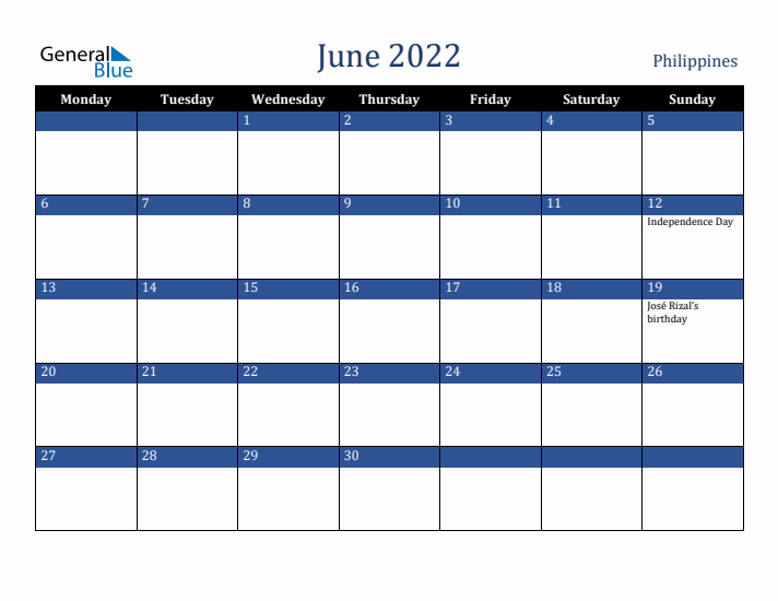 June 2022 Philippines Calendar (Monday Start)