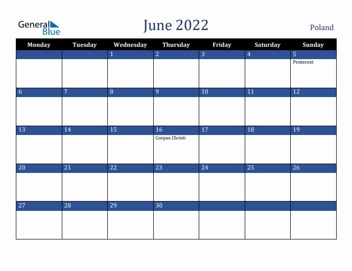 June 2022 Poland Calendar (Monday Start)