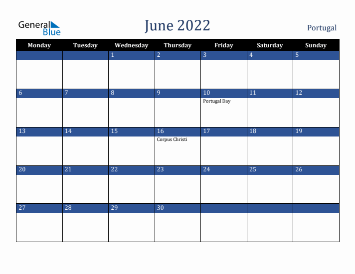 June 2022 Portugal Calendar (Monday Start)