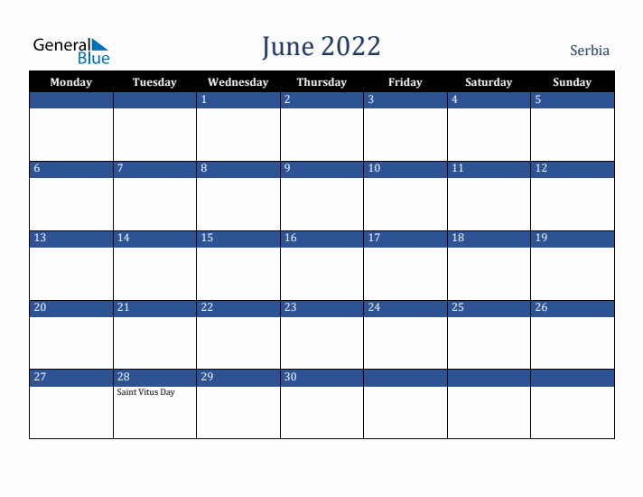 June 2022 Serbia Calendar (Monday Start)