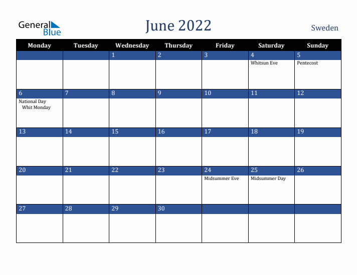 June 2022 Sweden Calendar (Monday Start)