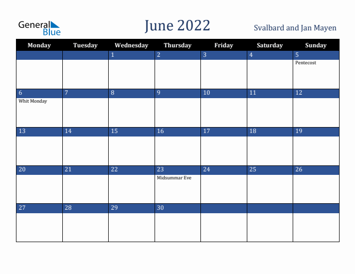 June 2022 Svalbard and Jan Mayen Calendar (Monday Start)