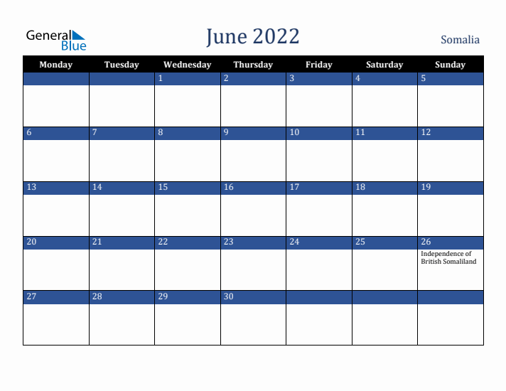 June 2022 Somalia Calendar (Monday Start)