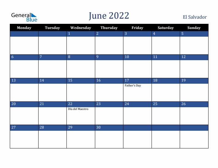 June 2022 El Salvador Calendar (Monday Start)