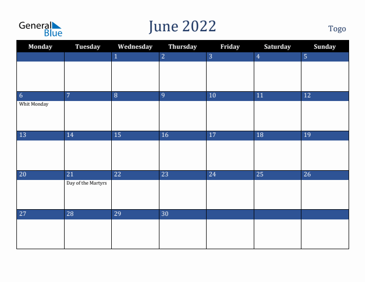 June 2022 Togo Calendar (Monday Start)