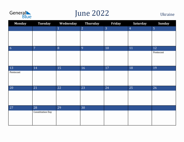 June 2022 Ukraine Calendar (Monday Start)