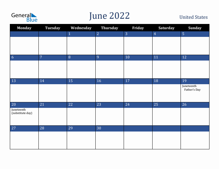 June 2022 United States Calendar (Monday Start)