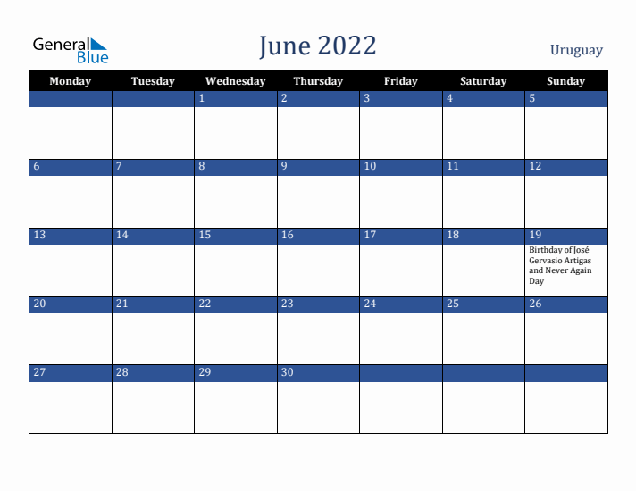 June 2022 Uruguay Calendar (Monday Start)