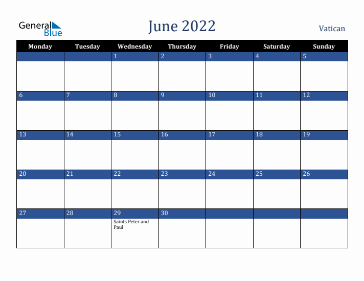 June 2022 Vatican Calendar (Monday Start)