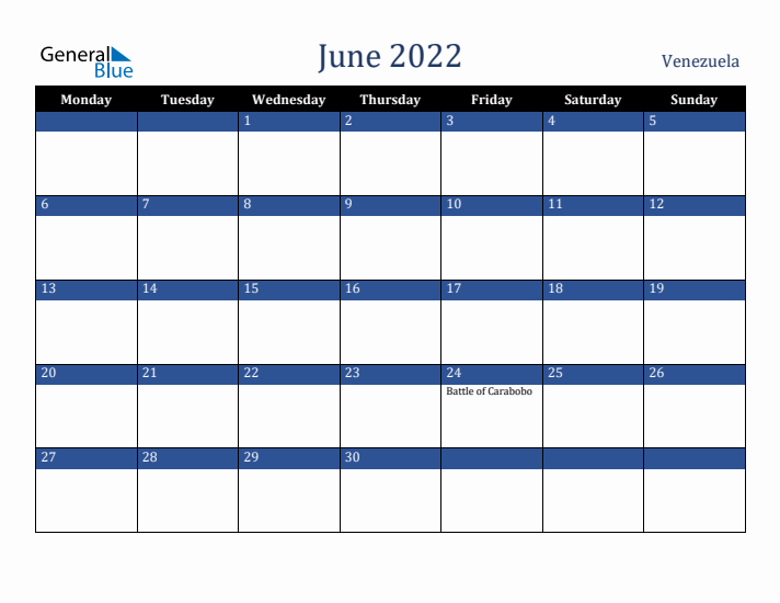 June 2022 Venezuela Calendar (Monday Start)