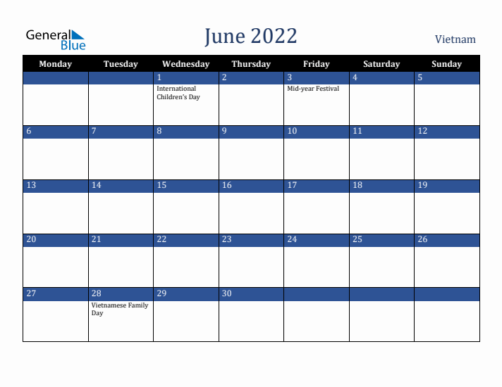 June 2022 Vietnam Calendar (Monday Start)