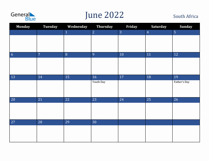 June 2022 South Africa Calendar (Monday Start)
