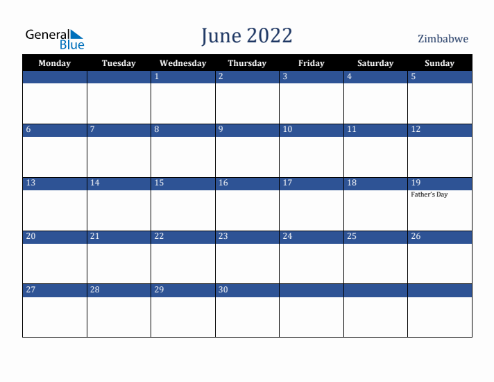 June 2022 Zimbabwe Calendar (Monday Start)
