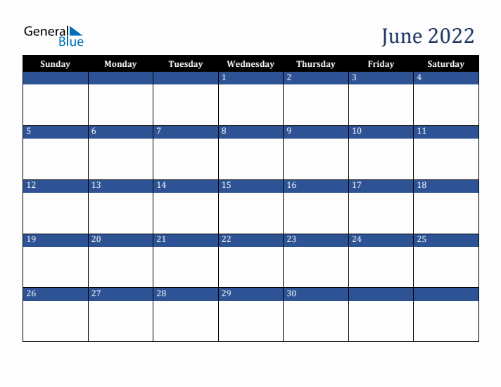Sunday Start Calendar for June 2022