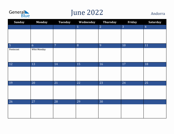 June 2022 Andorra Calendar (Sunday Start)