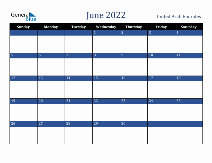 June 2022 United Arab Emirates Calendar (Sunday Start)