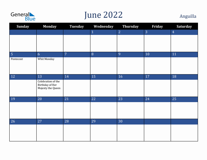 June 2022 Anguilla Calendar (Sunday Start)
