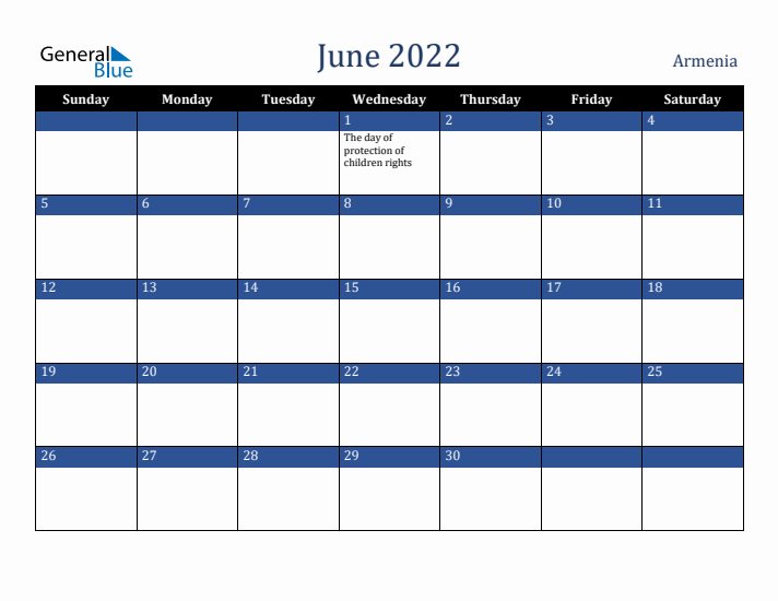June 2022 Armenia Calendar (Sunday Start)