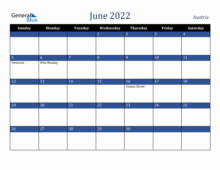 June 2022 Austria Calendar (Sunday Start)