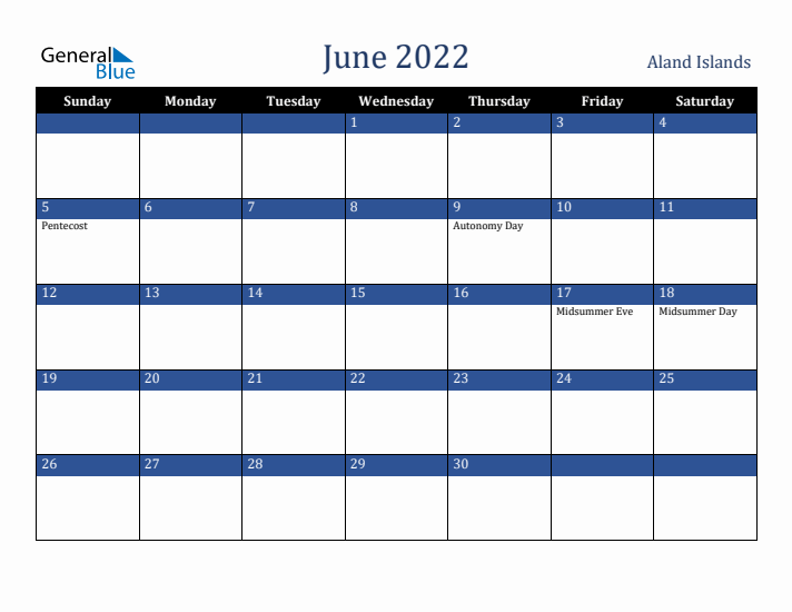 June 2022 Aland Islands Calendar (Sunday Start)