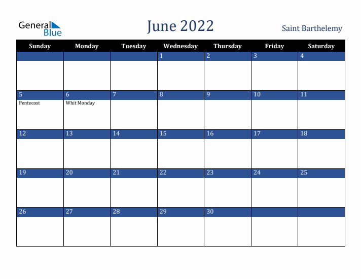 June 2022 Saint Barthelemy Calendar (Sunday Start)