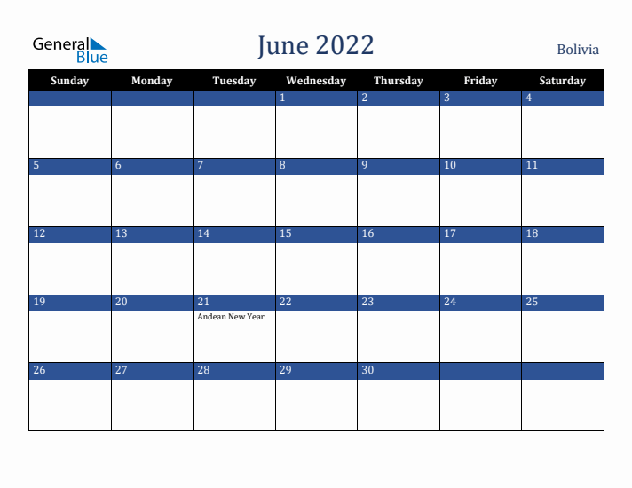 June 2022 Bolivia Calendar (Sunday Start)