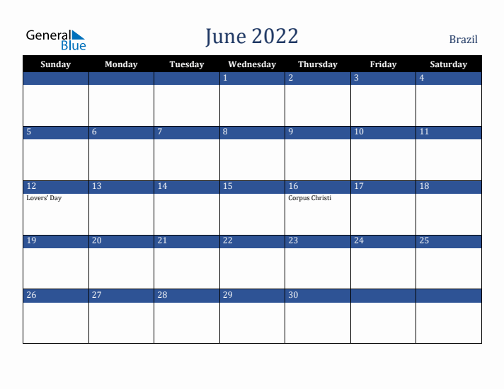 June 2022 Brazil Calendar (Sunday Start)