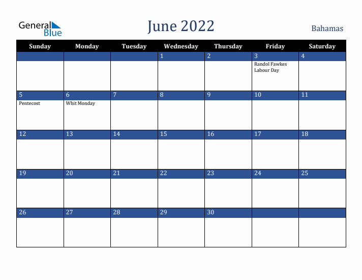 June 2022 Bahamas Calendar (Sunday Start)
