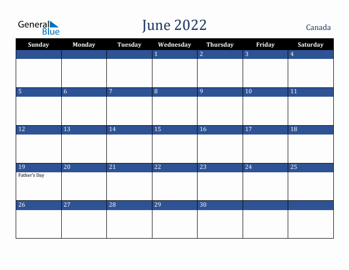 June 2022 Canada Calendar (Sunday Start)