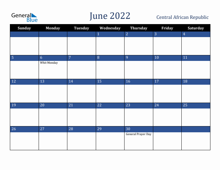 June 2022 Central African Republic Calendar (Sunday Start)