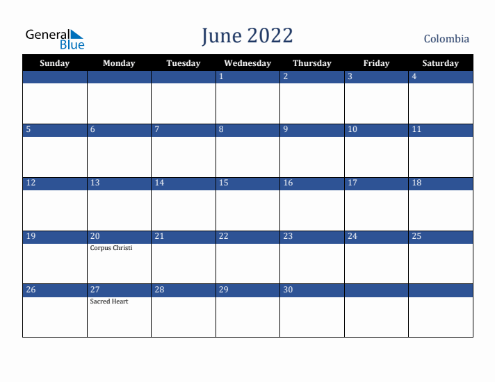June 2022 Colombia Calendar (Sunday Start)
