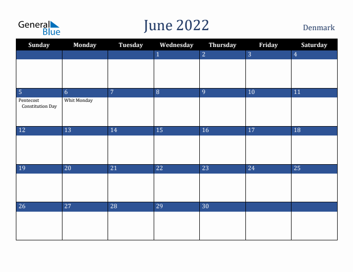 June 2022 Denmark Calendar (Sunday Start)