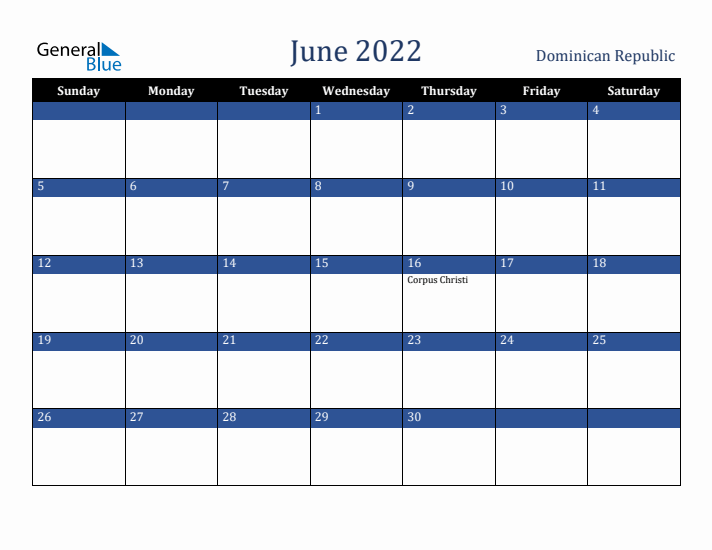 June 2022 Dominican Republic Calendar (Sunday Start)