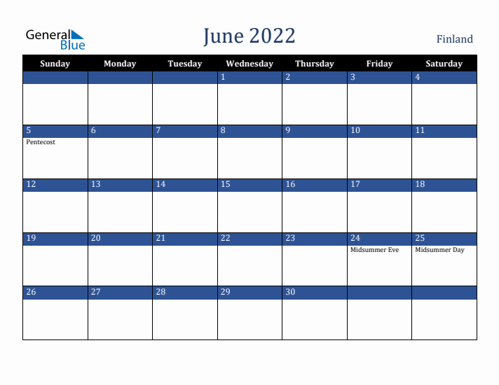 June 2022 Finland Calendar (Sunday Start)