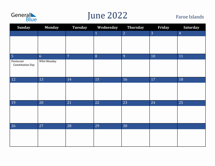 June 2022 Faroe Islands Calendar (Sunday Start)