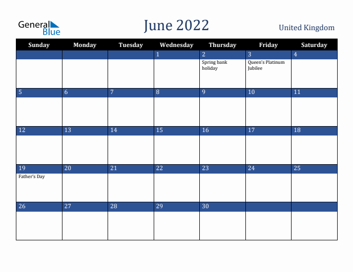 June 2022 United Kingdom Calendar (Sunday Start)