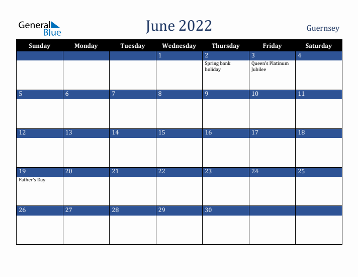 June 2022 Guernsey Calendar (Sunday Start)