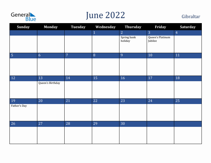 June 2022 Gibraltar Calendar (Sunday Start)