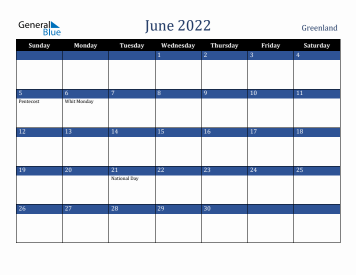 June 2022 Greenland Calendar (Sunday Start)
