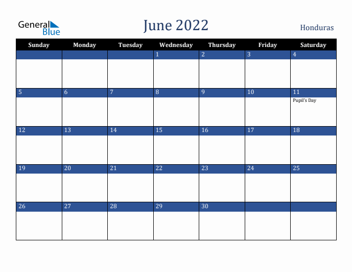 June 2022 Honduras Calendar (Sunday Start)