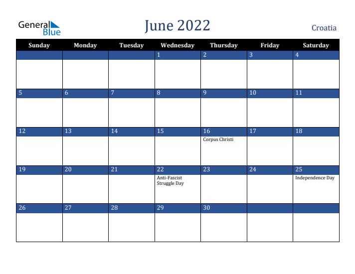 June 2022 Croatia Calendar (Sunday Start)