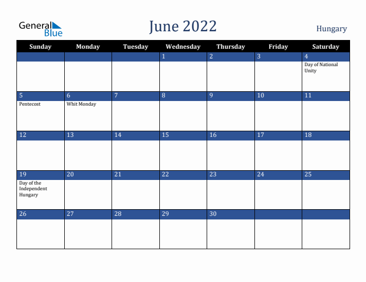 June 2022 Hungary Calendar (Sunday Start)