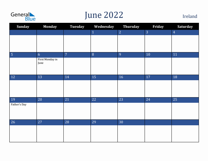 June 2022 Ireland Calendar (Sunday Start)