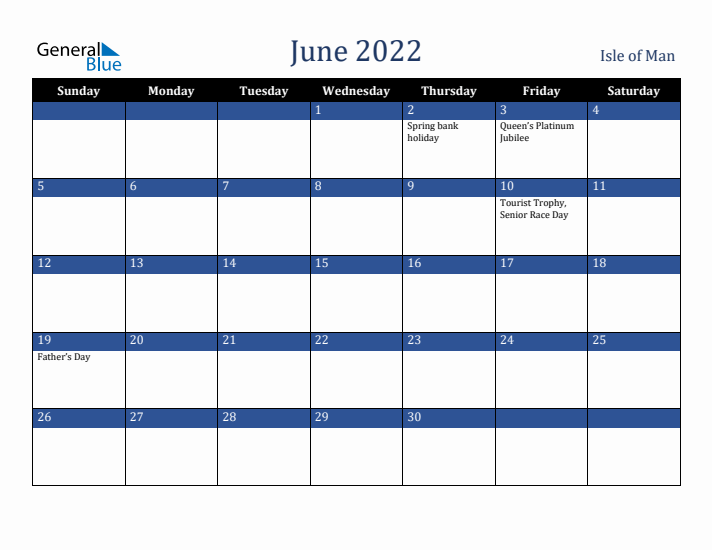 June 2022 Isle of Man Calendar (Sunday Start)