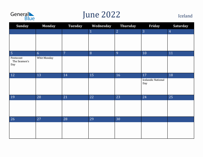 June 2022 Iceland Calendar (Sunday Start)