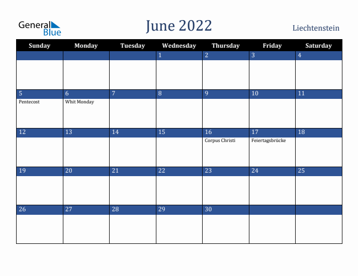 June 2022 Liechtenstein Calendar (Sunday Start)
