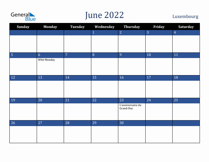 June 2022 Luxembourg Calendar (Sunday Start)